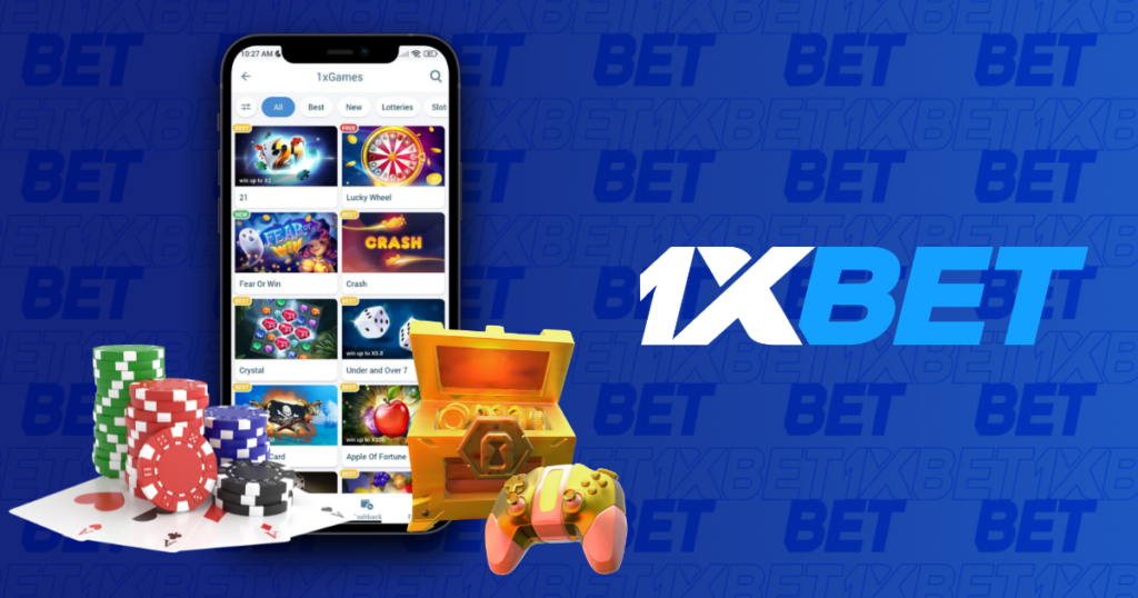 1xbet mobile casino app with chips, treasure chest and gaming controller