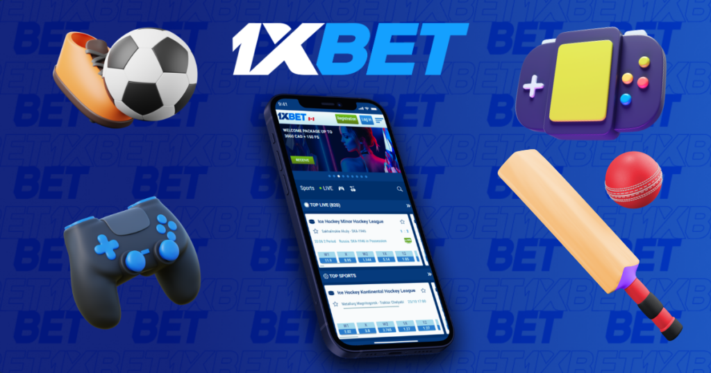 1xbet mobile betting app with sports icons and gaming elements