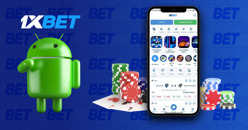 1xbet mobile app on smartphone with android icon and casino chips