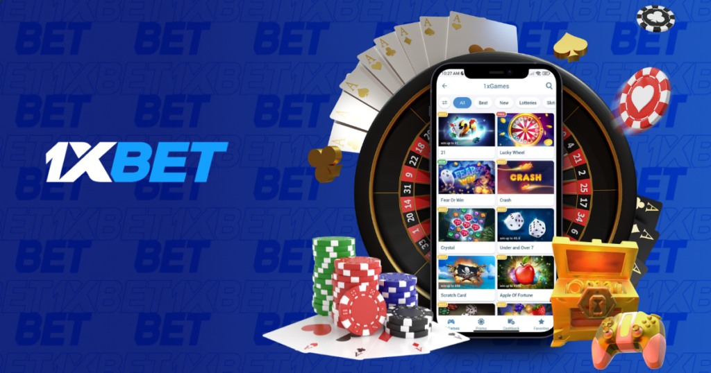 1xbet mobile casino app with roulette wheel, poker chips and gaming interface