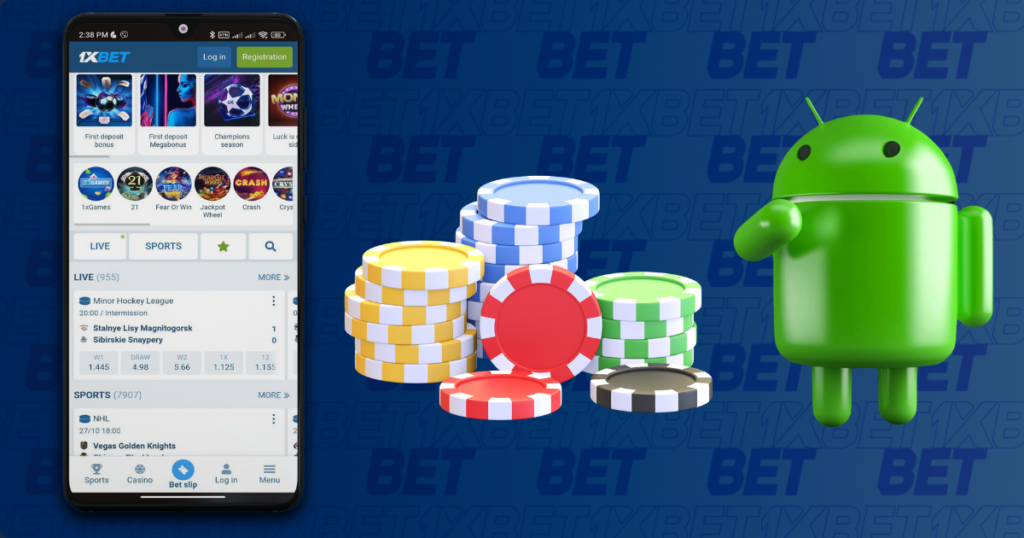 1xbet android app with betting interface and casino chips illustration