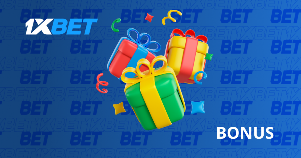 1xbet bonus promotion with colorful gift boxes and confetti