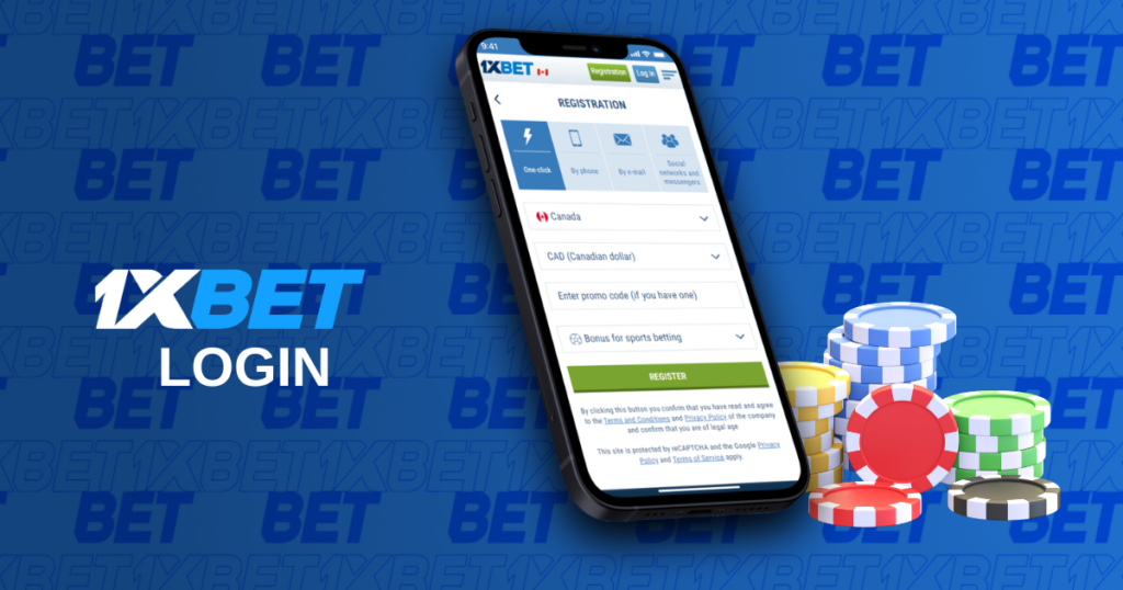 1xbet login screen on mobile app with poker chips illustration