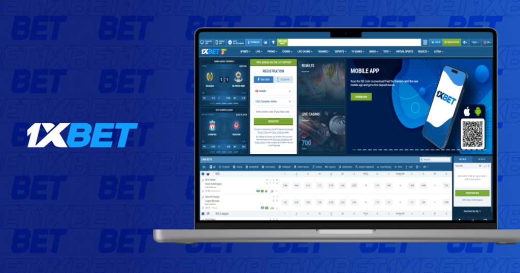 1xbet website interface on laptop with sportsbook and mobile app section