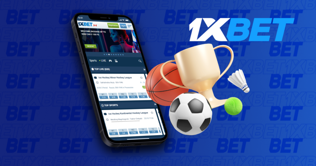 1xbet mobile betting app with sports equipment and trophy icons