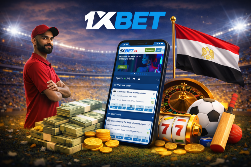 1xbet in Egypt with mobile app, casino elements, sports icons and Egyptian flag