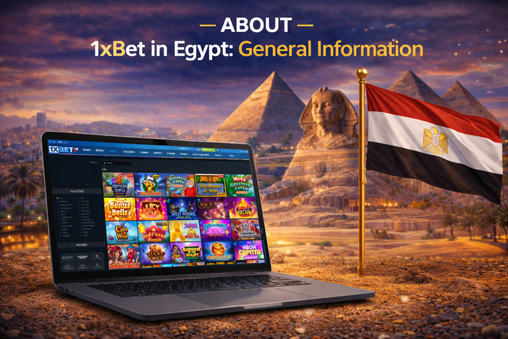 about 1xbet in Egypt with laptop showing casino platform and pyramids background