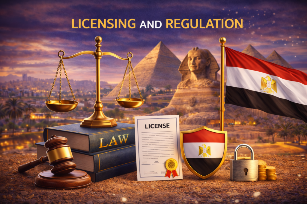 1xbet licensing and regulation with scales of justice, license and Egypt flag