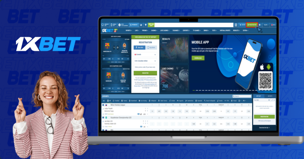 1xbet website interface on laptop with registration section displayed