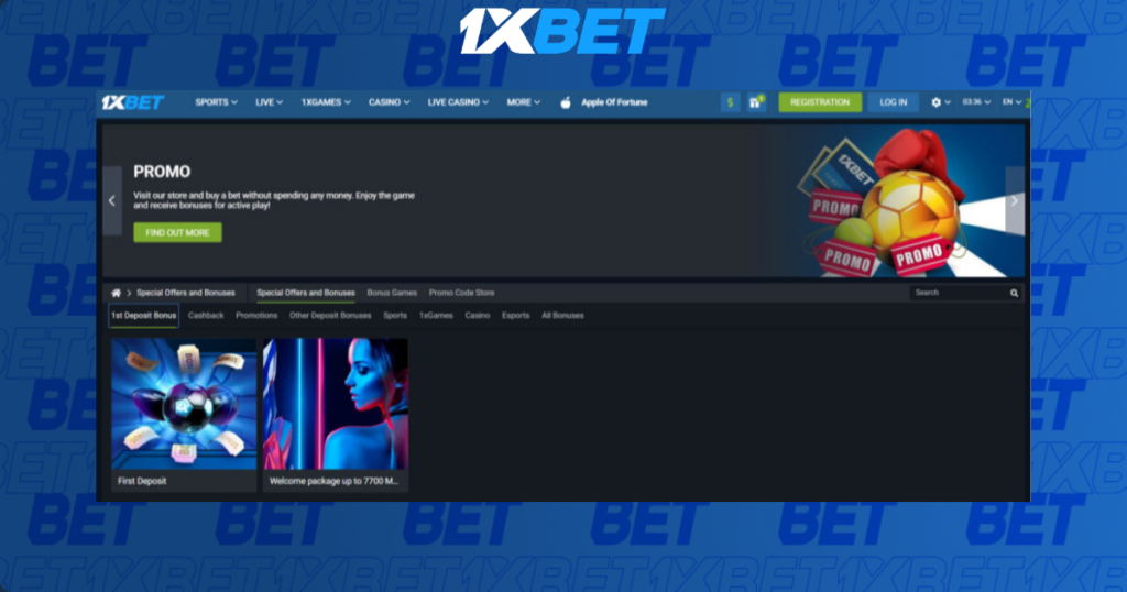 1xbet promo page with bonus offers and welcome package interface