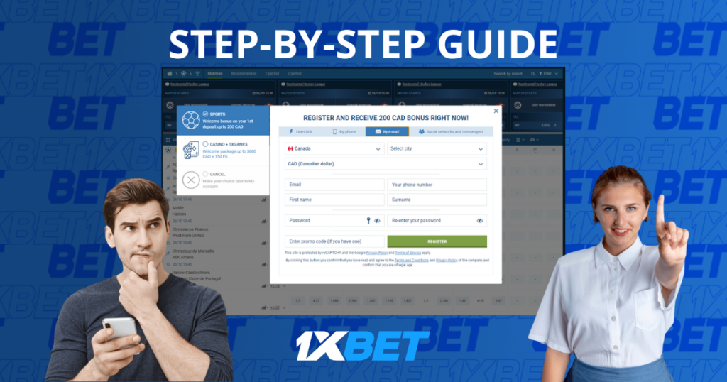 1xbet step by step registration guide with website interface and users