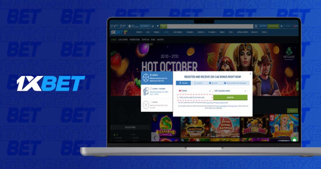 1xbet bonus registration offer displayed on laptop casino screen