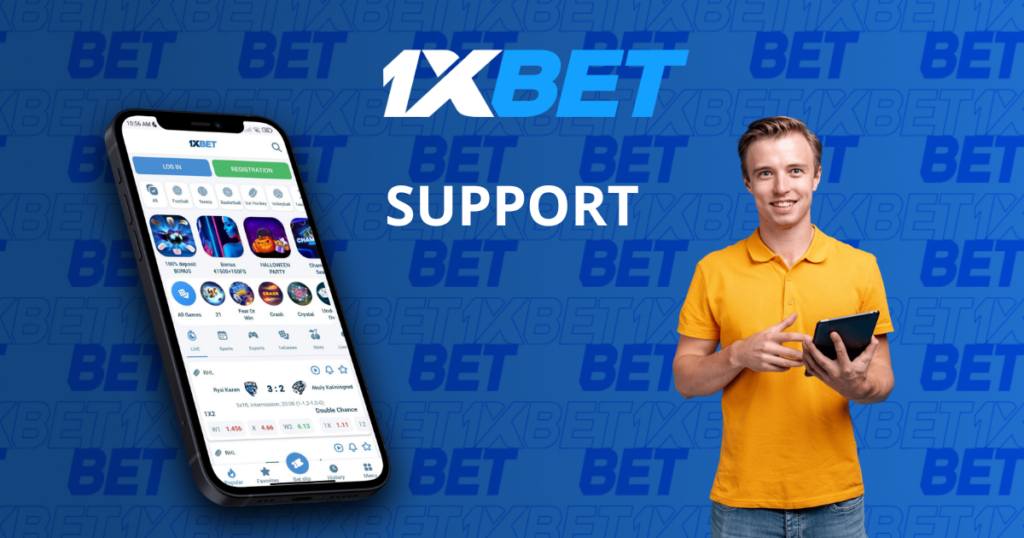 1xbet customer support with mobile app and support agent illustration